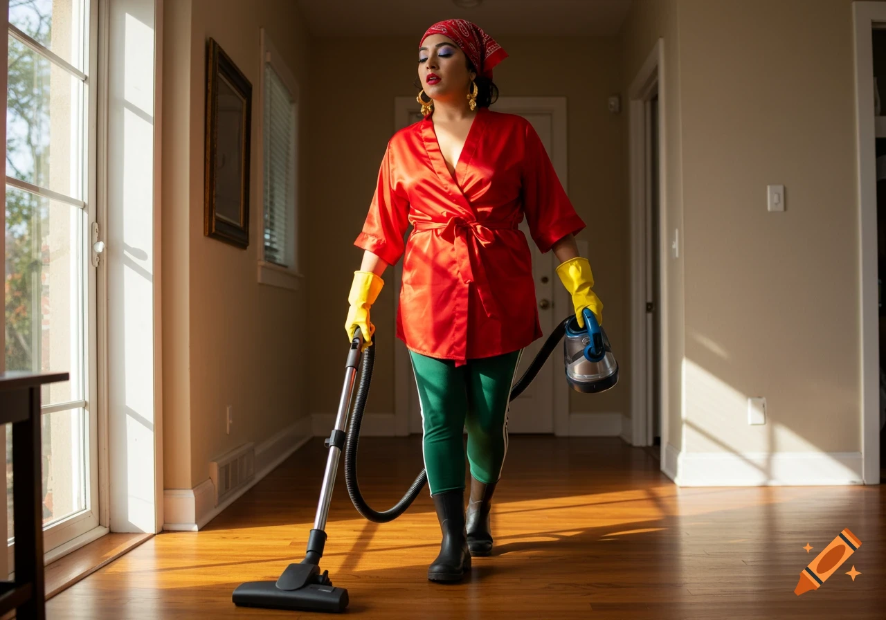 A photorealistic image of a woman in a red robe, green pants, yellow gloves, and red headscarf, vacuuming a wooden floor indoors.