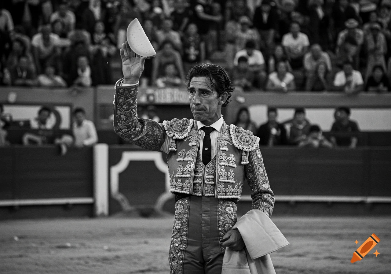 Vintage black and white photo of a Spanish bullfighter in an arena, holding up a slice of cheese, with a crowd in the background.