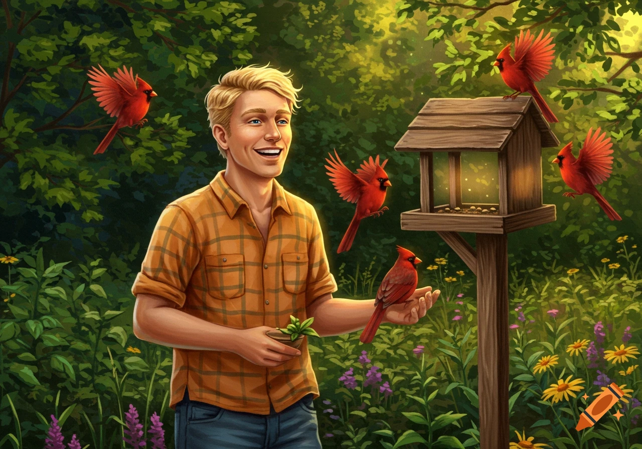 A blond man in a plaid shirt smiles while a cardinal eats from his hand, surrounded by a lush forest and a bird feeder.