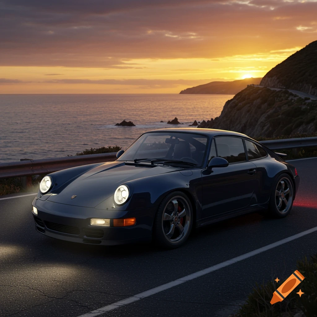 A dark blue Porsche 911 car with headlights on, parked on a coastal road overlooking the ocean at sunset.
