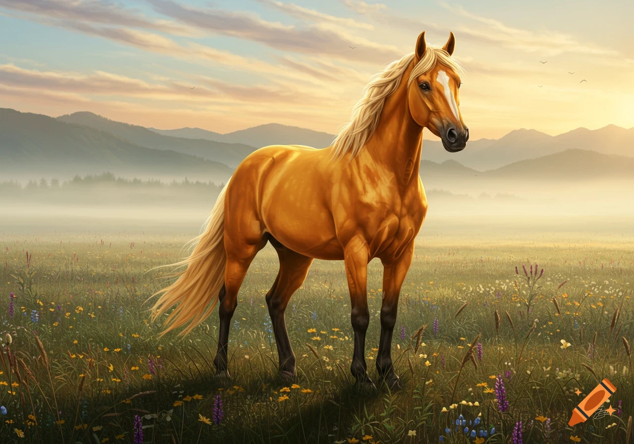 A golden horse stands in a wildflower meadow at sunrise with misty mountains in the background. Digital painting style.