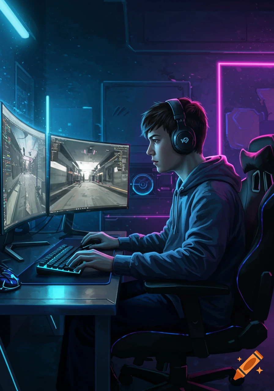 Digital art of a young gamer in headphones, intensely focused on two glowing computer monitors in a dark room with neon blue and pink lights.
