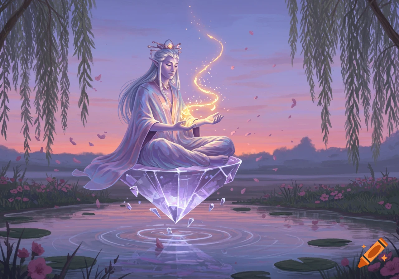 An elf-like figure with long white hair meditates on a shimmering crystal above a serene pond at sunset, with golden magic and falling petals.