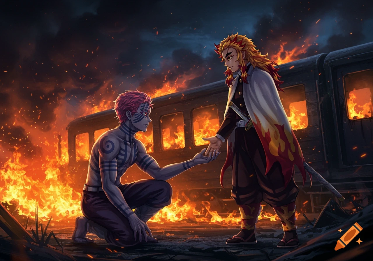 Akaza kneels before Rengoku, reaching out a hand, amidst a raging inferno and a burning train in an anime style.