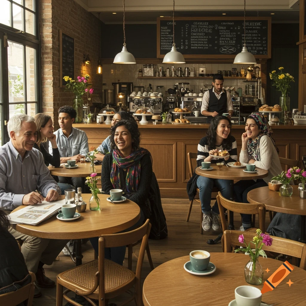 Diverse group of people smiling and talking at round tables in a bustling cafe, with a barista working behind the counter.