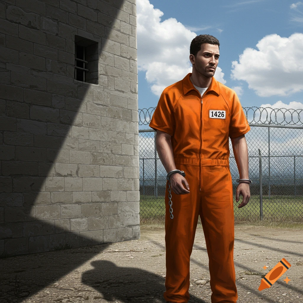 A man in an orange prison jumpsuit and handcuffs stands in a prison yard next to a stone wall, under a cloudy sky.