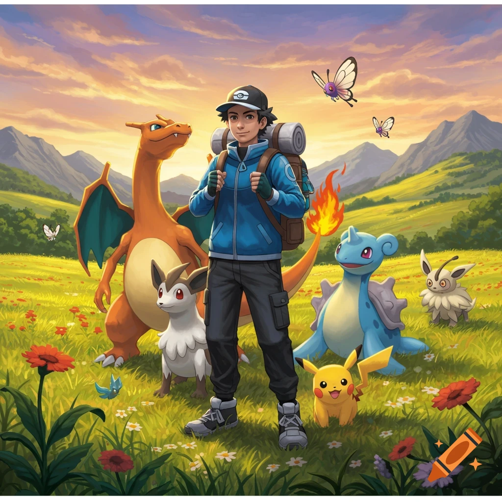 An adult male Pokémon trainer with Charizard, Pikachu, Lapras, and other Pokémon stands in a grassy field at sunset with mountains.