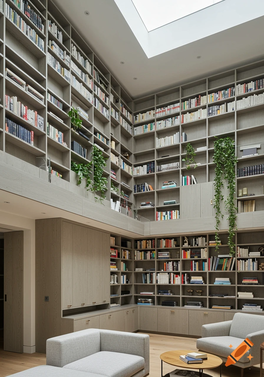 Photorealistic image of a tall, modern living room library with light wood shelves filled with books and plants, featuring modern grey sofas.