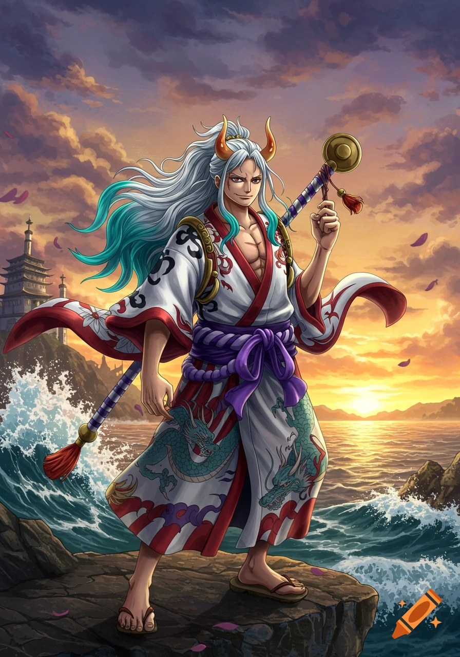 Anime illustration of Yamato, a character with white and teal hair, in a kimono, standing on rocks by the ocean at sunset, holding a staff.