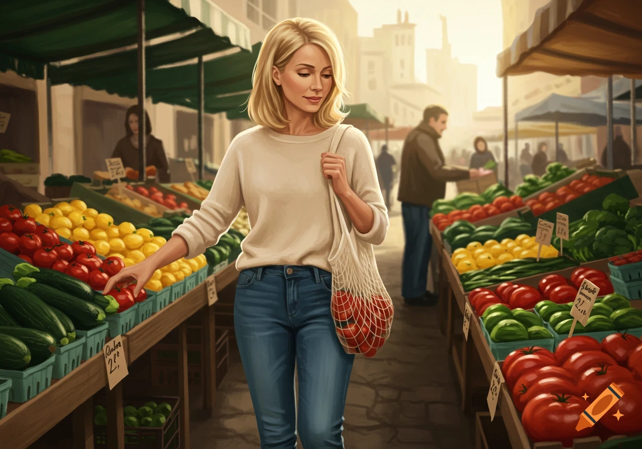 A blonde woman in a casual outfit shops for fresh produce at a busy farmer's market, in an illustrative style.