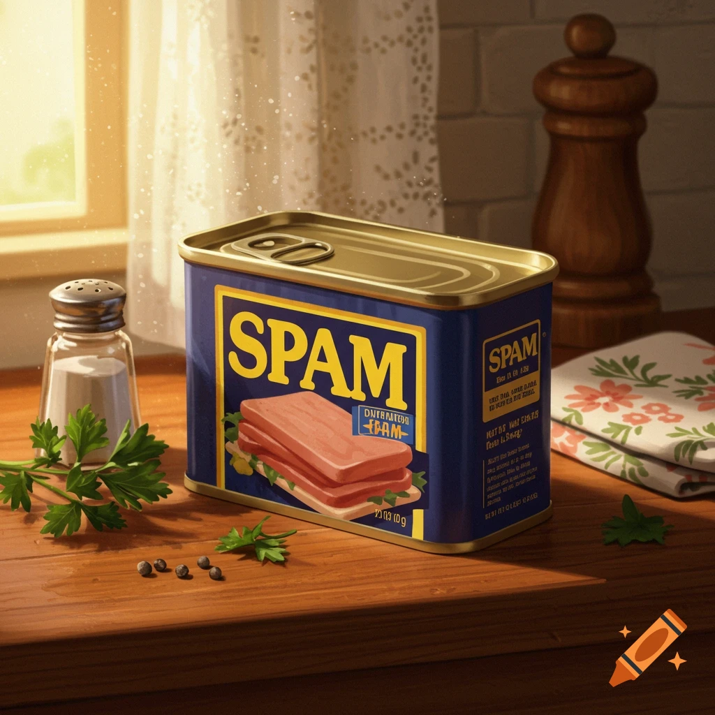 A can of Spam on a wooden countertop with a salt shaker, pepper grinder, and parsley next to it, bathed in sunlight.