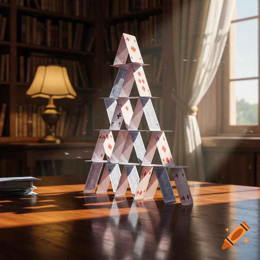 A photorealistic house of cards built on a shiny wooden table in a sunlit library.