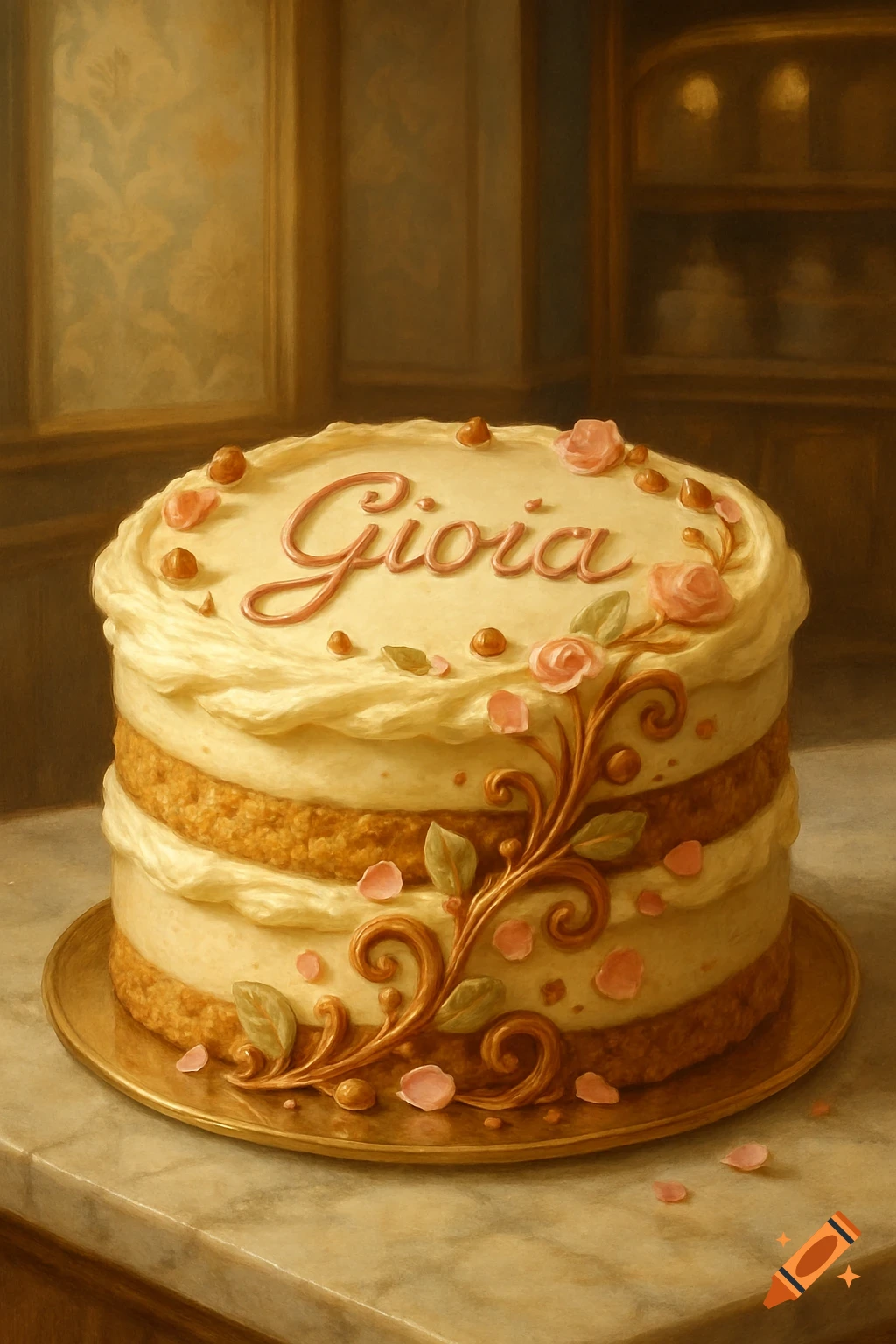 A beautifully decorated two-tier cake with white frosting, 'Gioia' written in pink icing, and floral decorations.