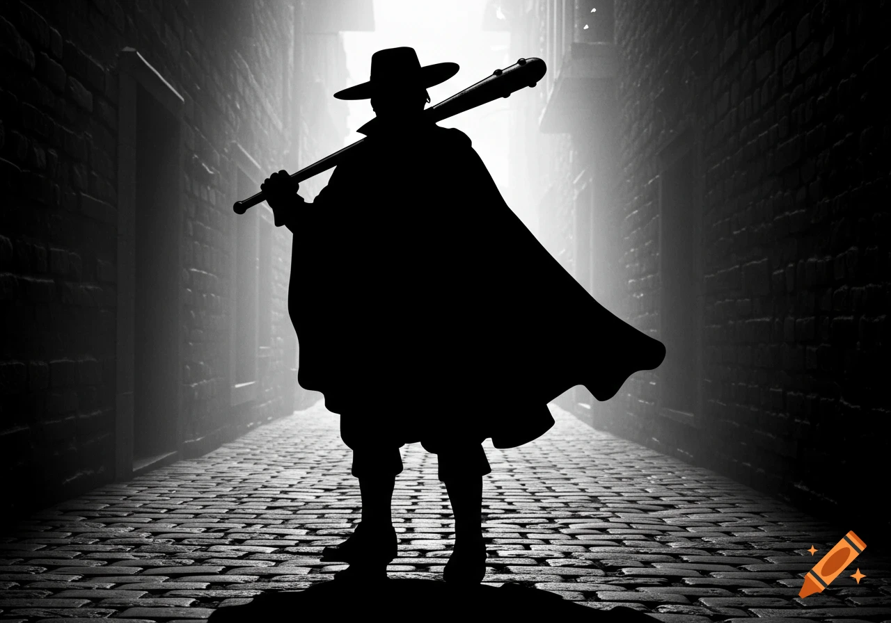 A black and white silhouette of a person in a hat and cape, holding a club over their shoulder, standing in a misty, cobblestone alley.