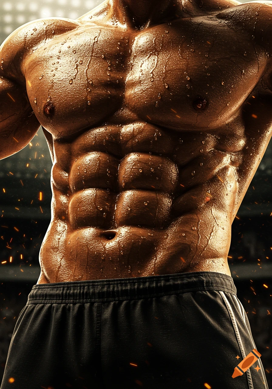 Close-up photorealistic shot of a muscular, sweaty male torso with prominent abs, wearing black shorts, with glowing sparks in background.