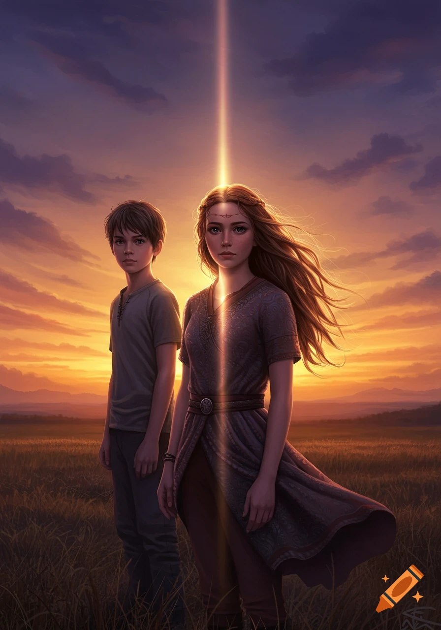 A young boy and girl stand in a grassy field at sunset, a bright light beam illuminating the girl. Digital fantasy art.