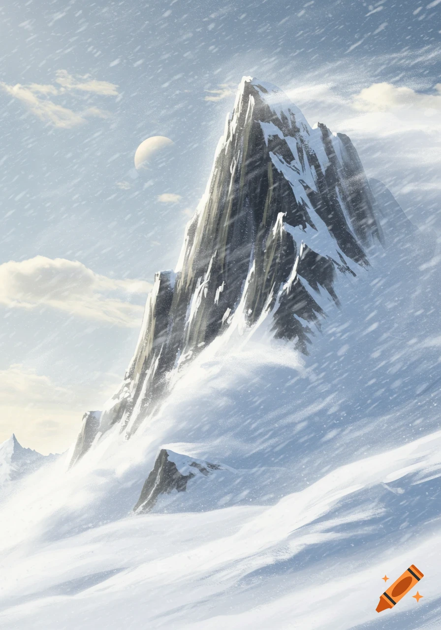 A tall, snow-covered mountain stands amidst a blizzard, with a pale moon in the sky. Digital painting.