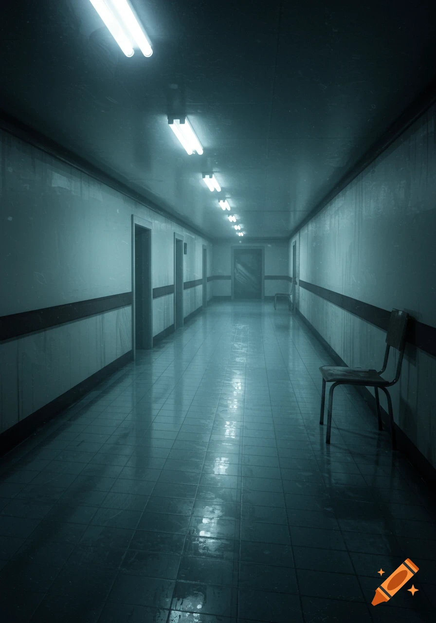 An eerie, long, empty hallway with dim fluorescent lights and a single chair, evoking a liminal space.