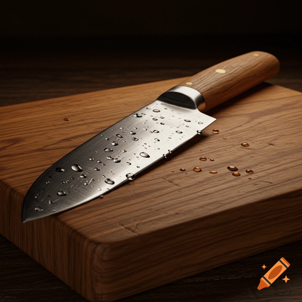 A close-up, photorealistic image of a wet chef's knife with a wooden handle resting on a wooden cutting board.