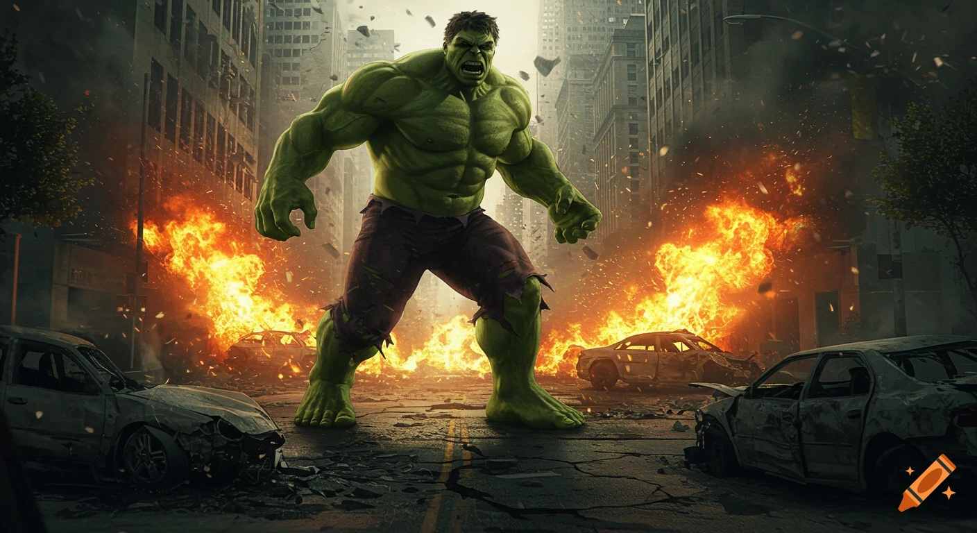 A giant green muscular superhero resembling Hulk stands menacingly in a destroyed city street with burning cars and explosions, in a photorealistic style.