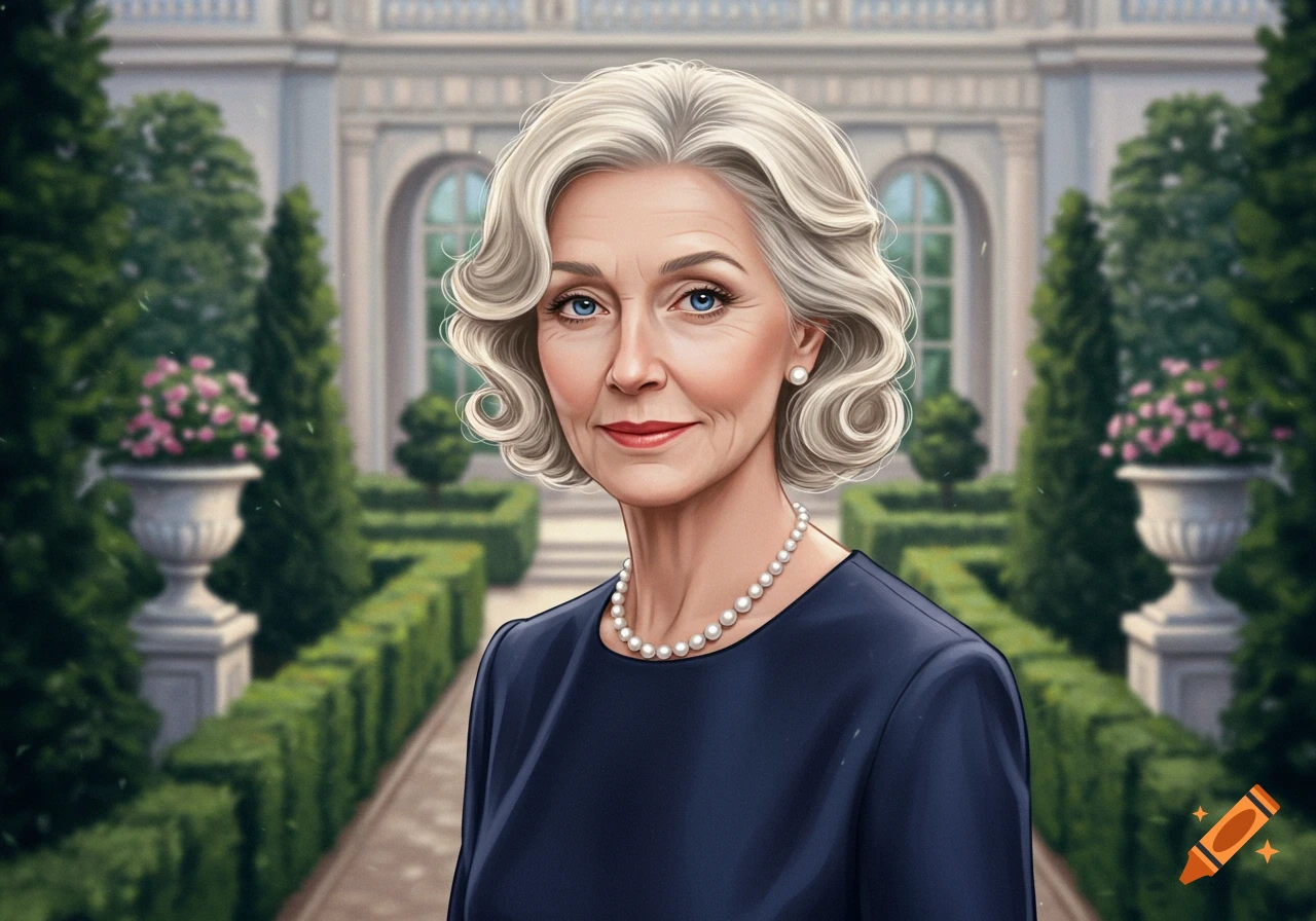An elegant older woman with short wavy grey-blonde hair and blue eyes, wearing a dark blue dress and pearls, smiles in a formal garden.