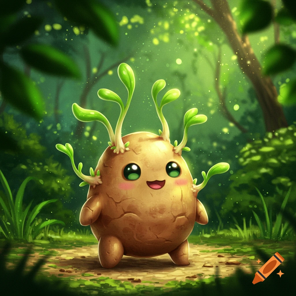A cute, round, brown creature resembling a sprouting potato with big green eyes and leafy growths stands in a lush forest.