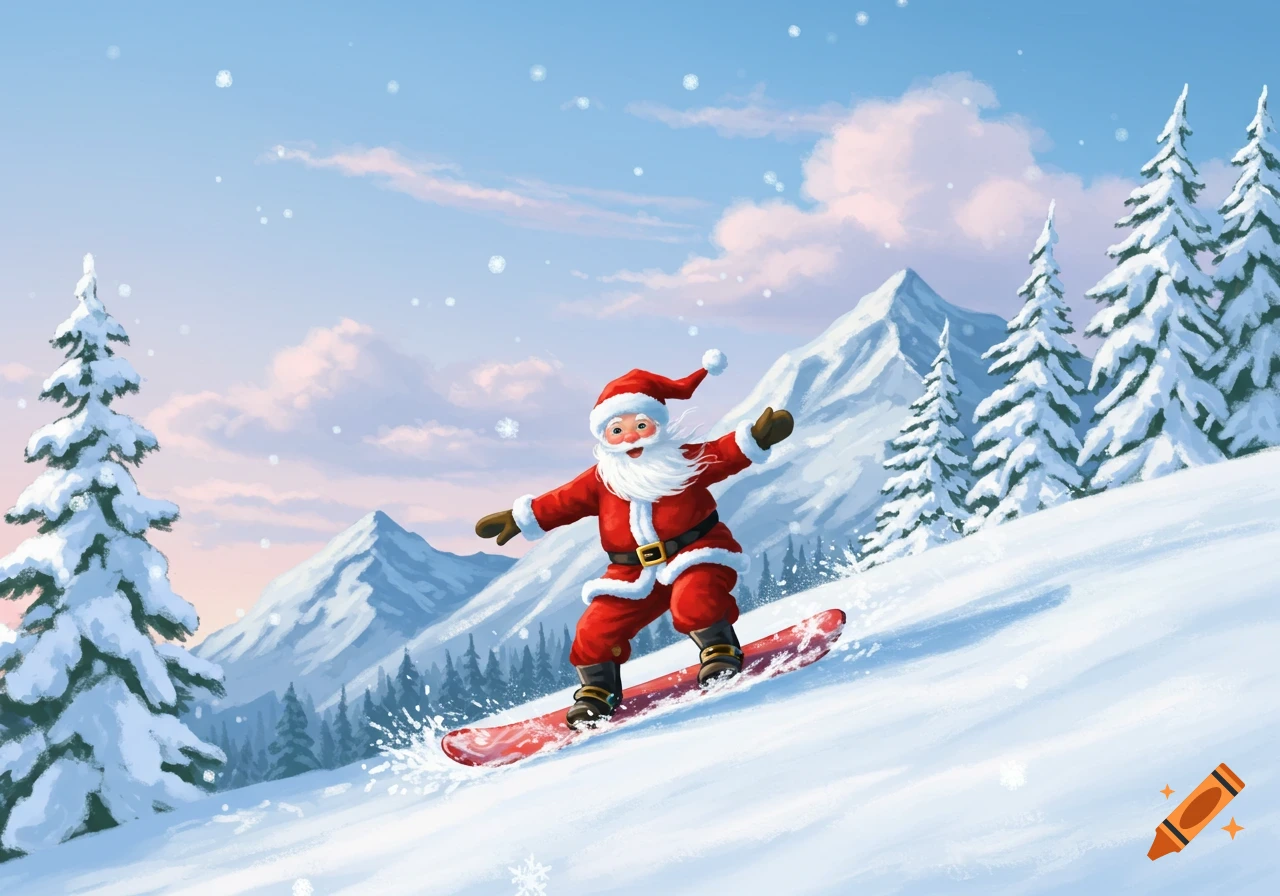 Cartoon Santa Claus in a red suit snowboards down a snowy mountain slope with pine trees under a blue sky.