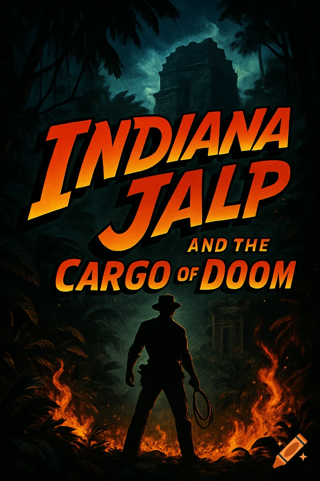 A retro-style movie poster featuring a silhouette of an adventurer with a whip, standing before a burning jungle and an ancient temple, under the title 'INDIANA JALP AND THE CARGO OF DOOM'.
