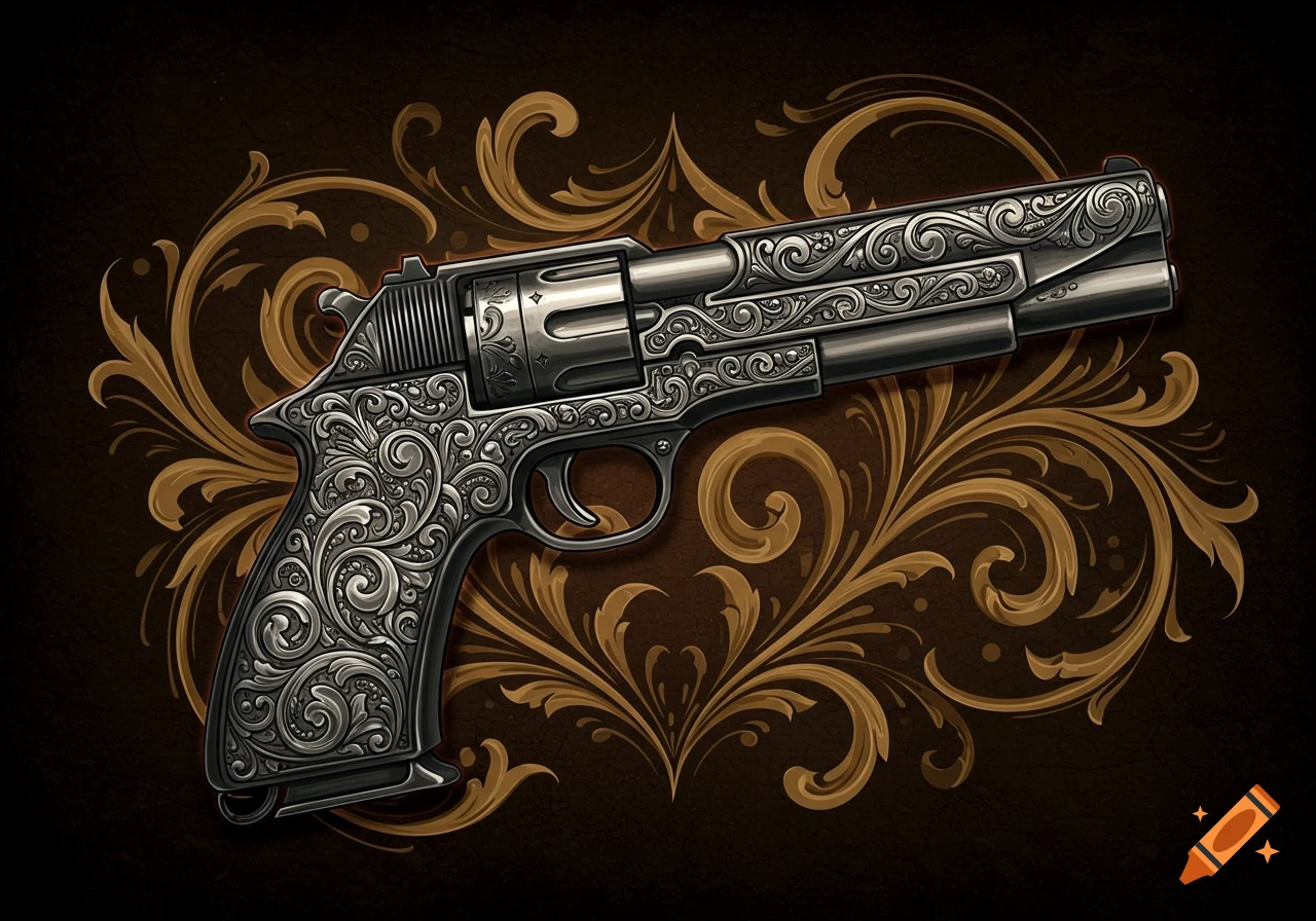 Ornate silver revolver with intricate filigree decoration against a dark background with gold swirling flourishes. Detailed illustration.