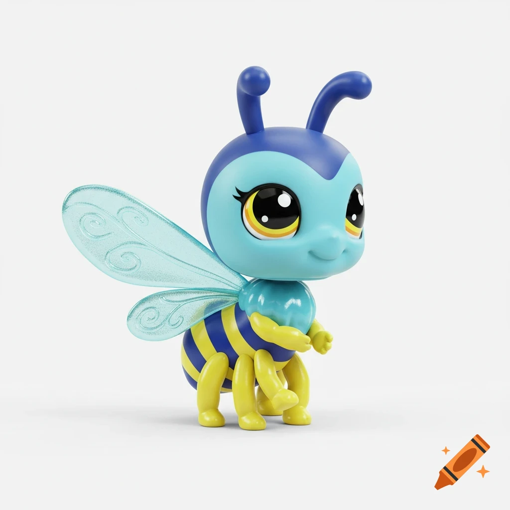 A cute blue and yellow plastic toy bee with transparent wings, standing on a white background.