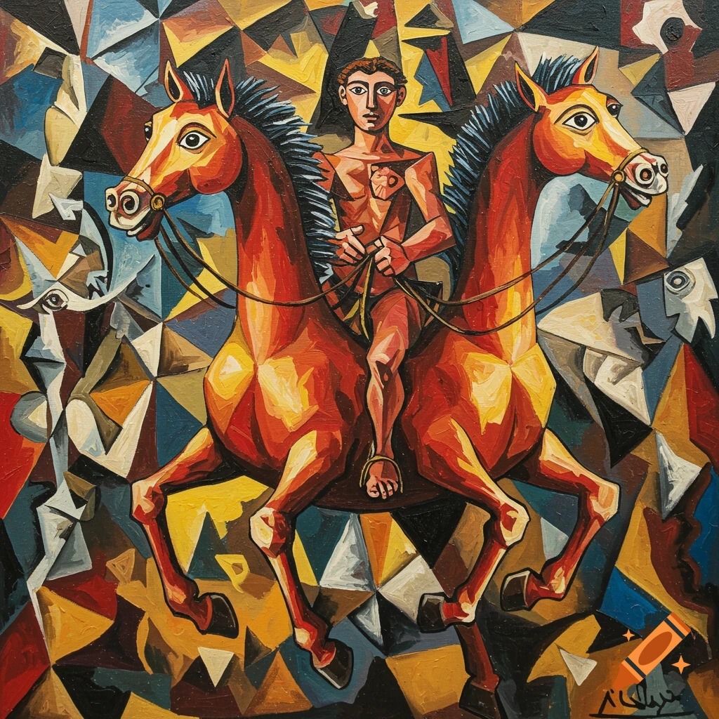 Cubist painting of a shirtless man riding two horses, set against an abstract geometric background.