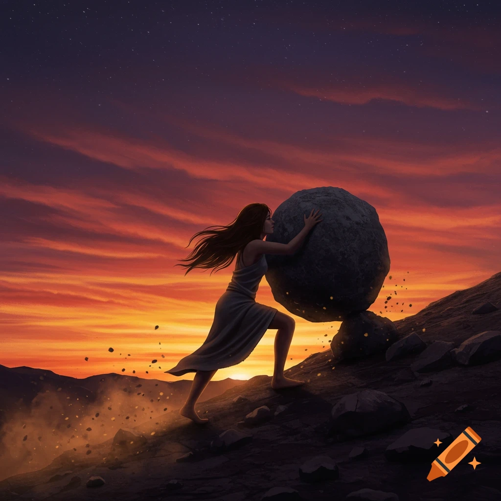 Long-haired woman pushes a large boulder up a rocky hill under a dramatic orange and purple sunset sky.