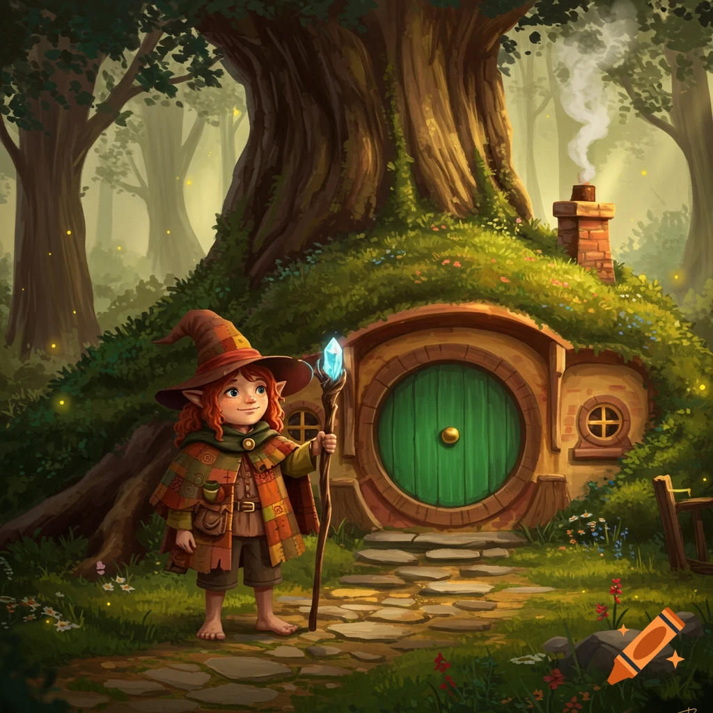 A whimsical illustration of a young hobbit or elf witch holding a glowing staff, standing barefoot in front of a hobbit hole in a lush forest.
