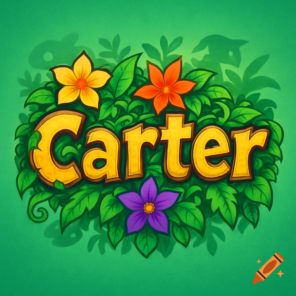 A colorful jungle-themed logo for 'Carter' with golden letters, green foliage, and orange, yellow, and purple flowers.
