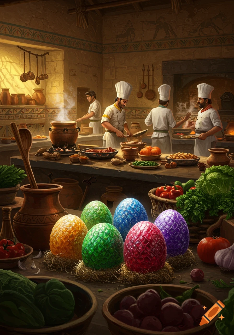 Chefs prepare food in a detailed, ancient kitchen. Colorful dragon eggs sit on a table among vegetables in the foreground.