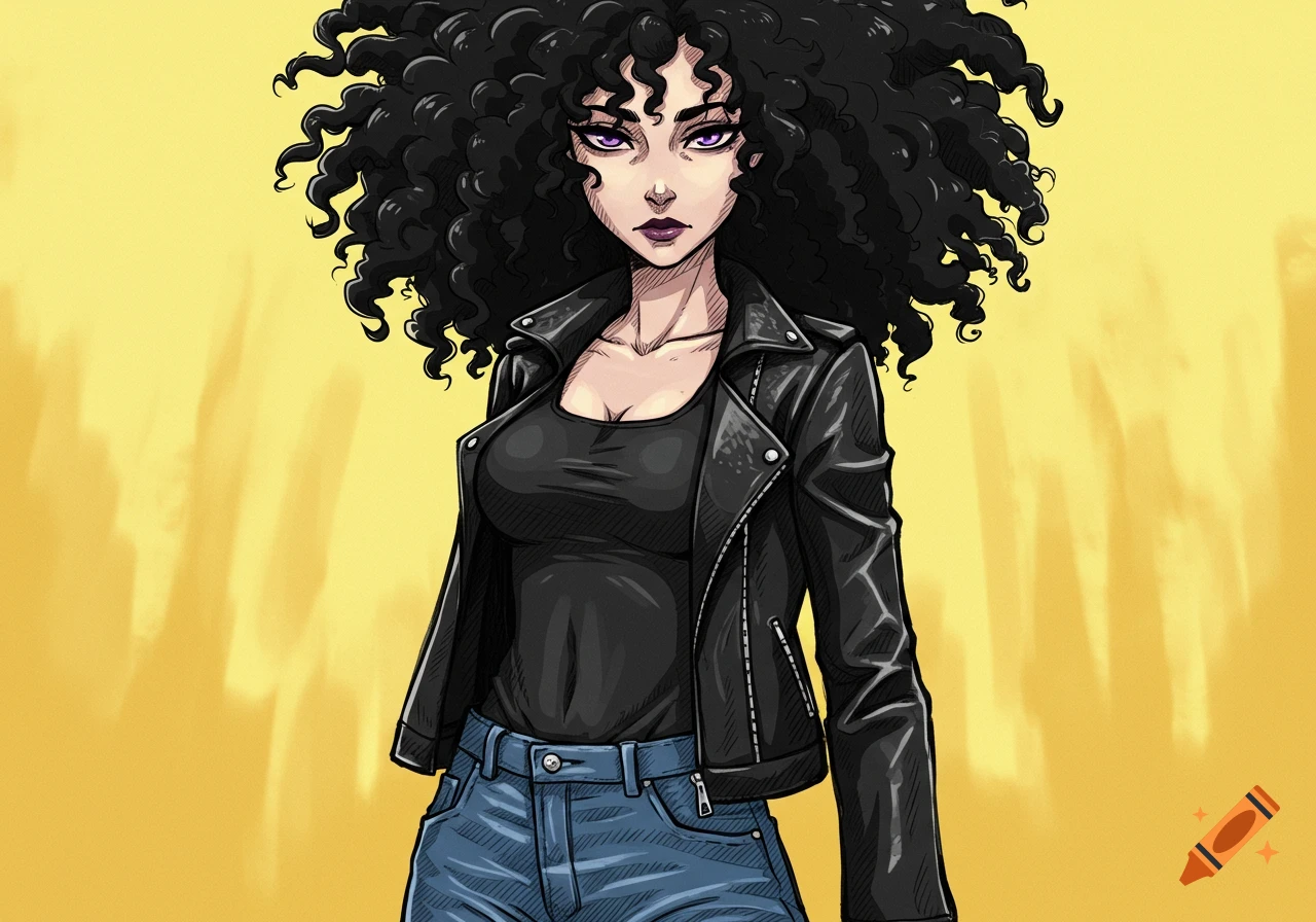 Anime-style illustration of a woman with black curly hair, purple eyes, wearing a black leather jacket, black tank top, and blue jeans.