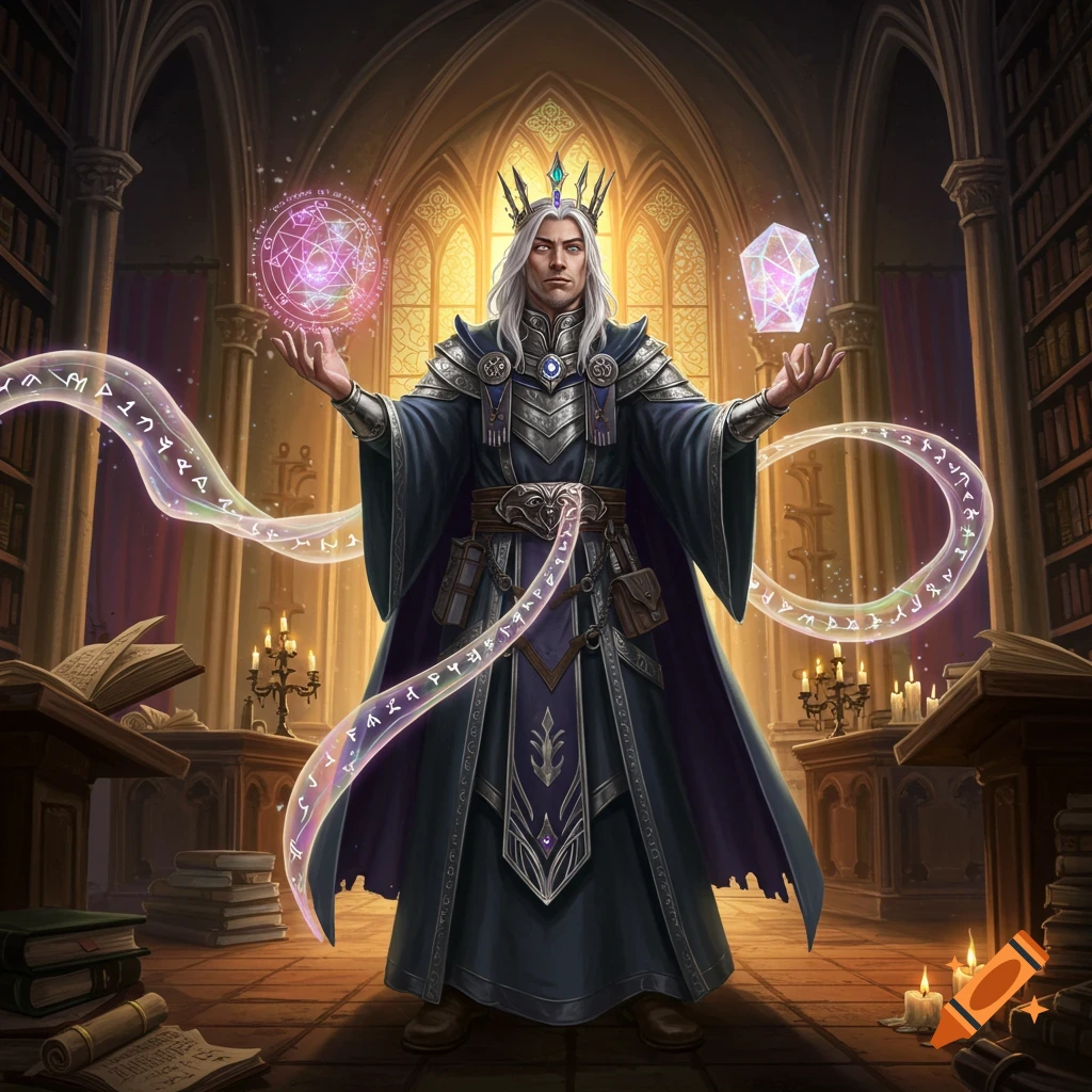 A powerful white-haired wizard in a long robe and crown casts a spell, holding glowing magical orbs and runes in a grand library.