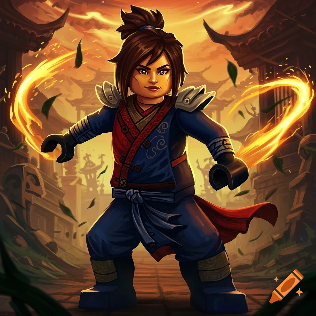 Lego-style Sora from Ninjago with human features, generating fiery energy in an ancient temple at sunset, digital art.