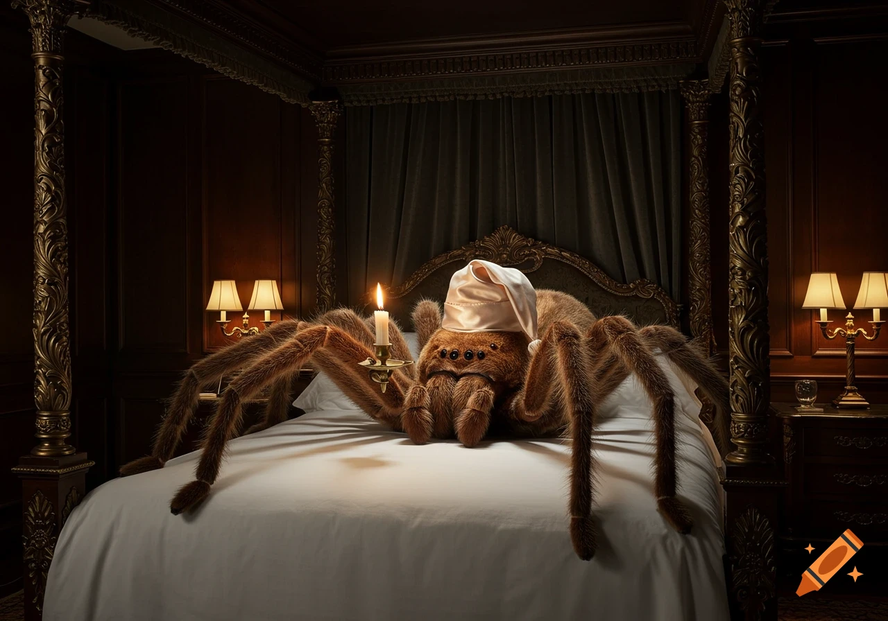 A photorealistic tarantula-like spider with a nightcap sits on a bed, holding a lit candle in a fancy dark bedroom.