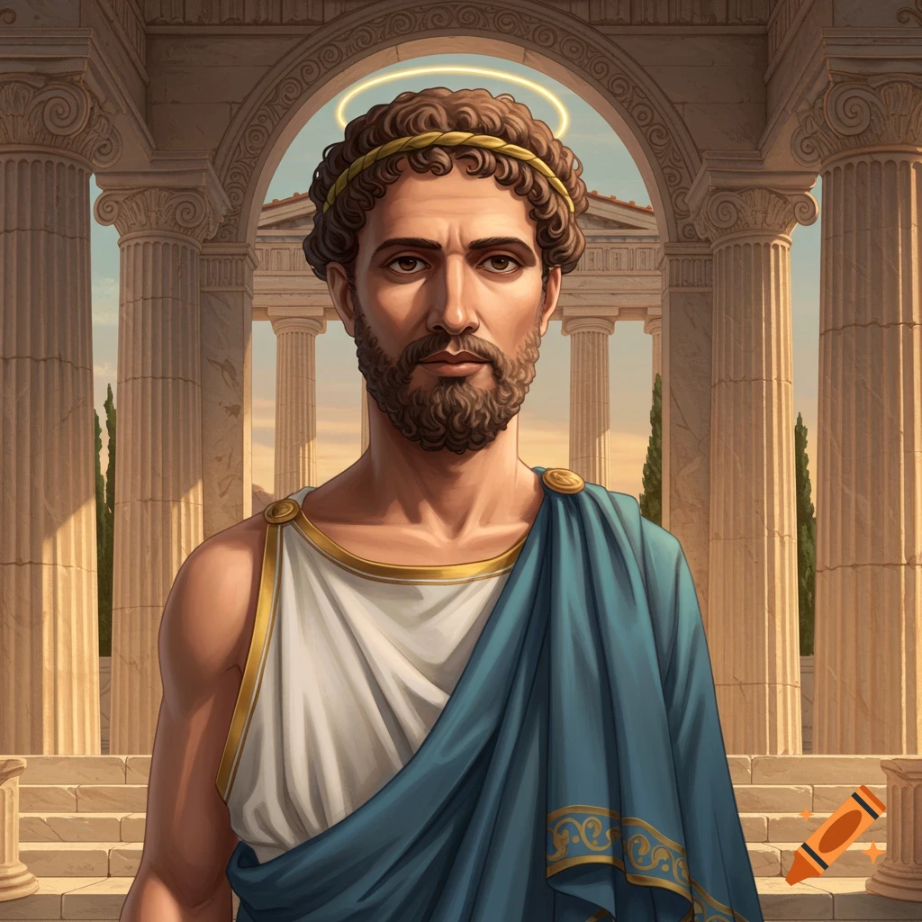 A bearded man in ancient Greek robes with a golden headband and halo stands before classical columns.