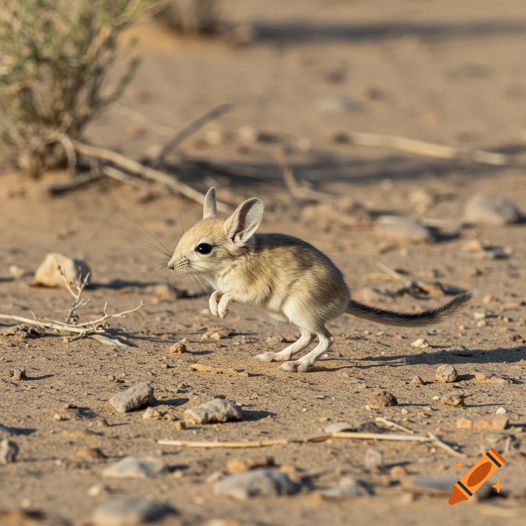 Photorealistic image of a Gobi jerboa with large eyes and ears, short front legs, and long back legs, jumping on sandy desert ground.