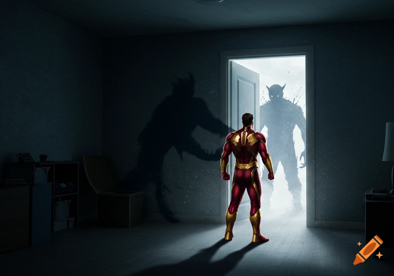 A superhero in a red and gold suit stands in a dark room, facing a shadowy, horned monster in a brightly lit doorway, with the monster's large shadow cast on the wall behind the hero.