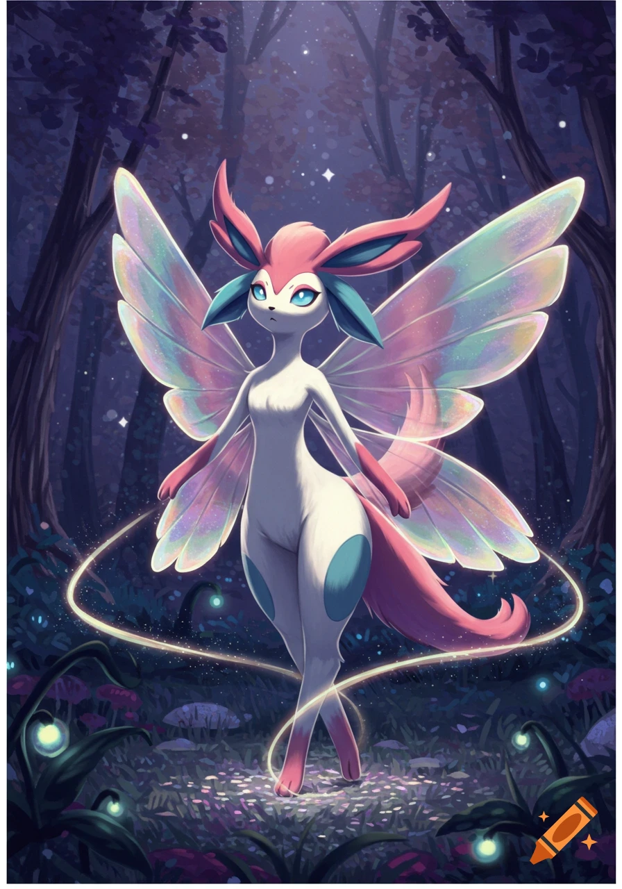 A graceful, winged Sylveon-like creature stands in a magical, dark forest with glowing plants and sparkling dust, digital art.