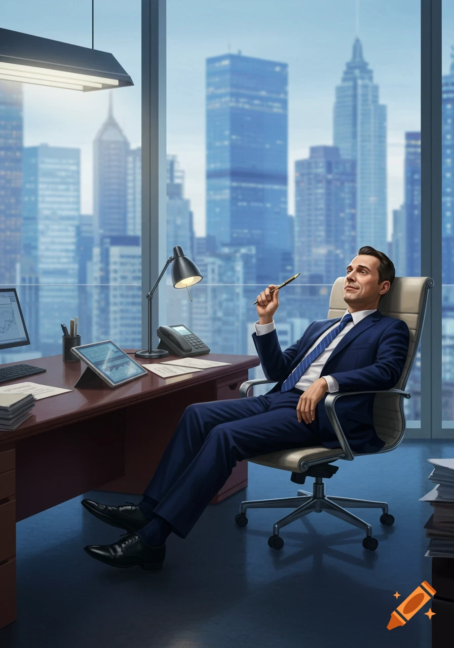 A businessman in a blue suit leans back in an office chair, holding a pen, overlooking a city skyline.