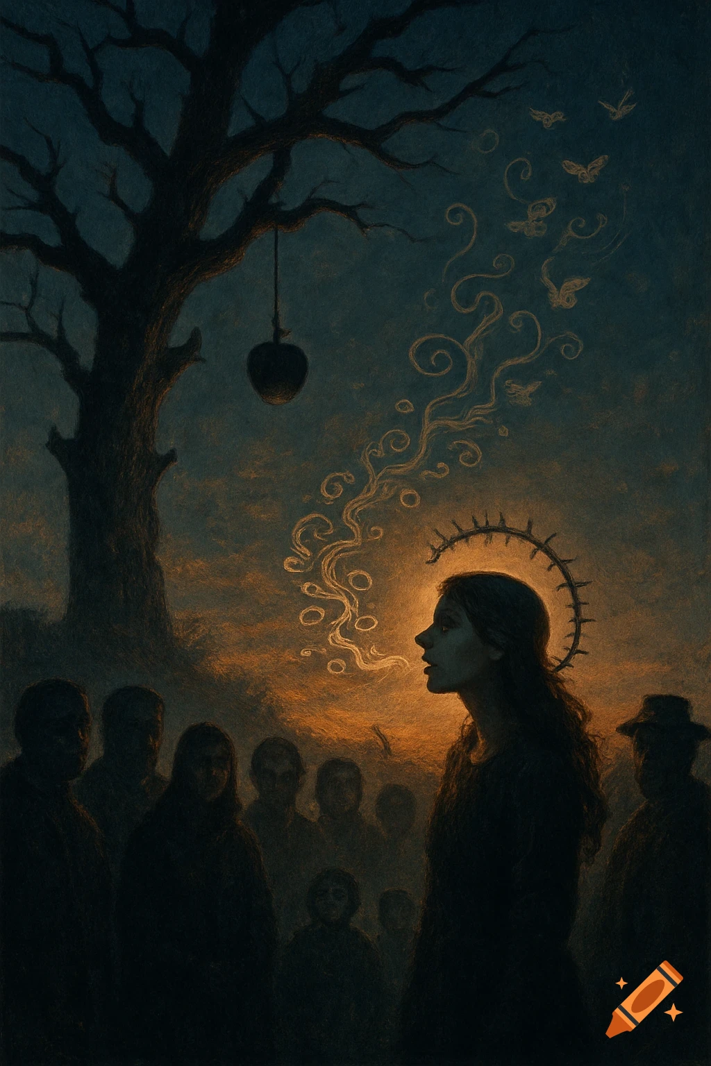 A dark, painterly scene. A woman with a barbed halo speaks, ethereal swirls rising from her mouth, with a tree and shadowy figures.