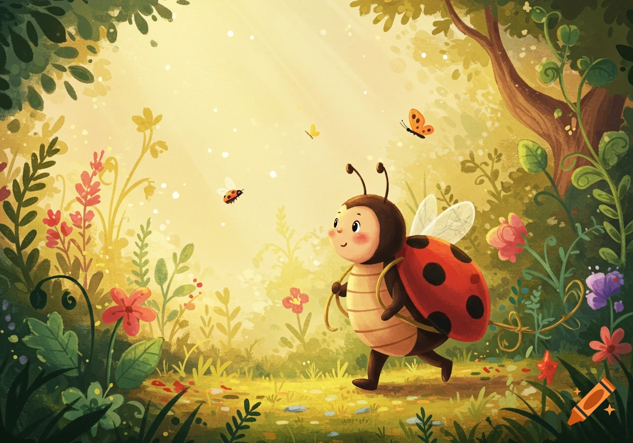 A cute cartoon ladybug walks through a sun-drenched, whimsical forest with colorful flowers and butterflies, in a children's book illustration style.