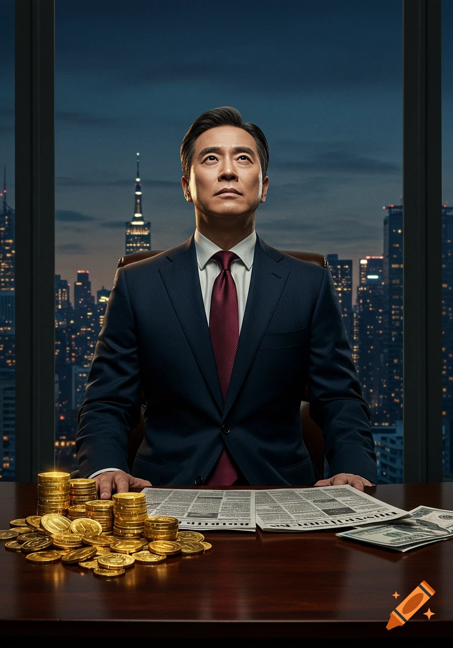 Man in a dark suit with a red tie sits at a desk with gold coins and money, looking up, with a city skyline at dusk behind him.