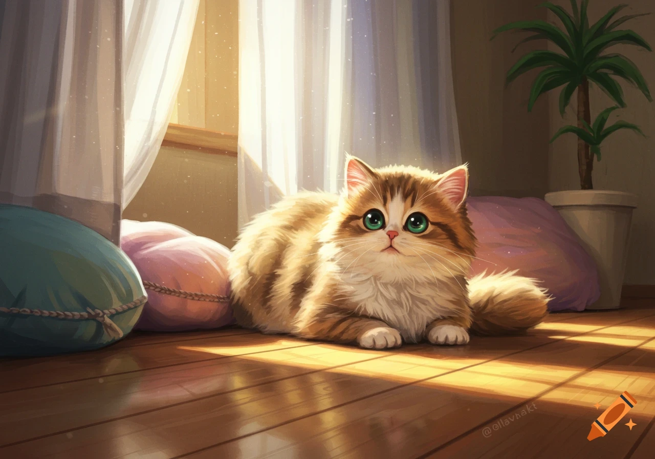 A cute, fluffy brown and white cat with large green eyes lies on a sunlit wooden floor surrounded by pillows. Digital art style.
