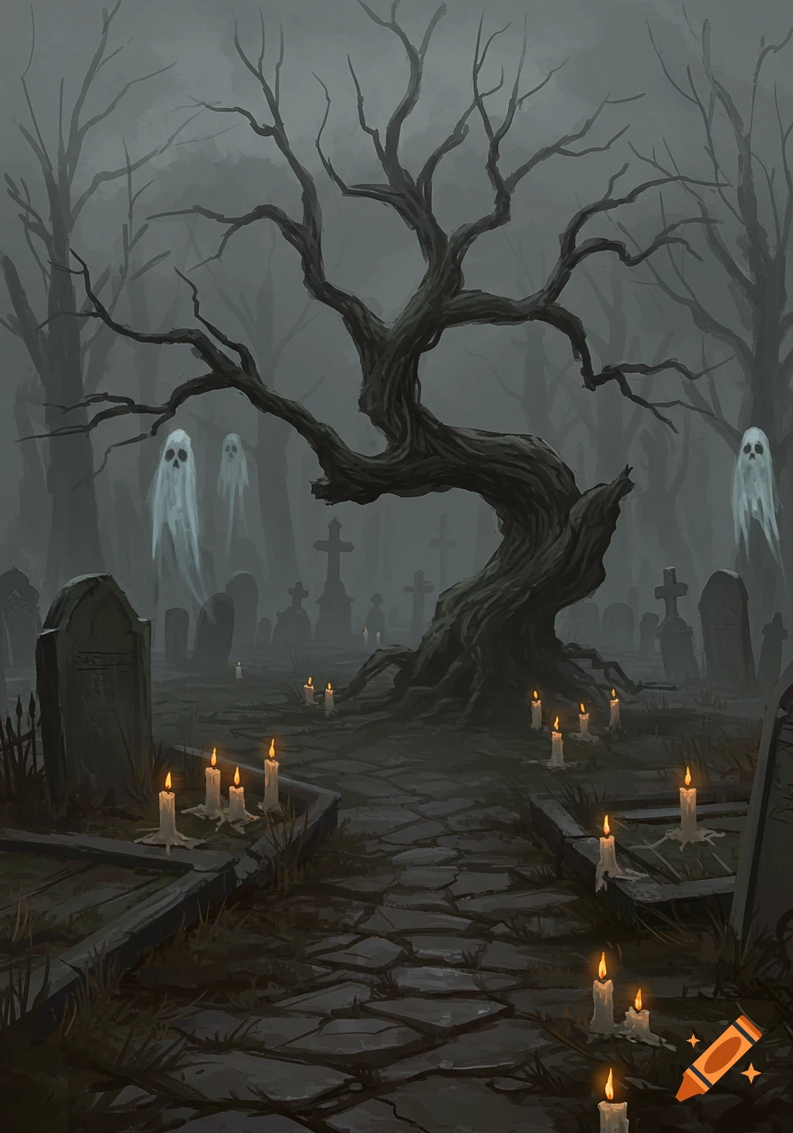 A spooky, fog-laden graveyard at night with a gnarled tree, tombstones, floating ghosts, and glowing candles.