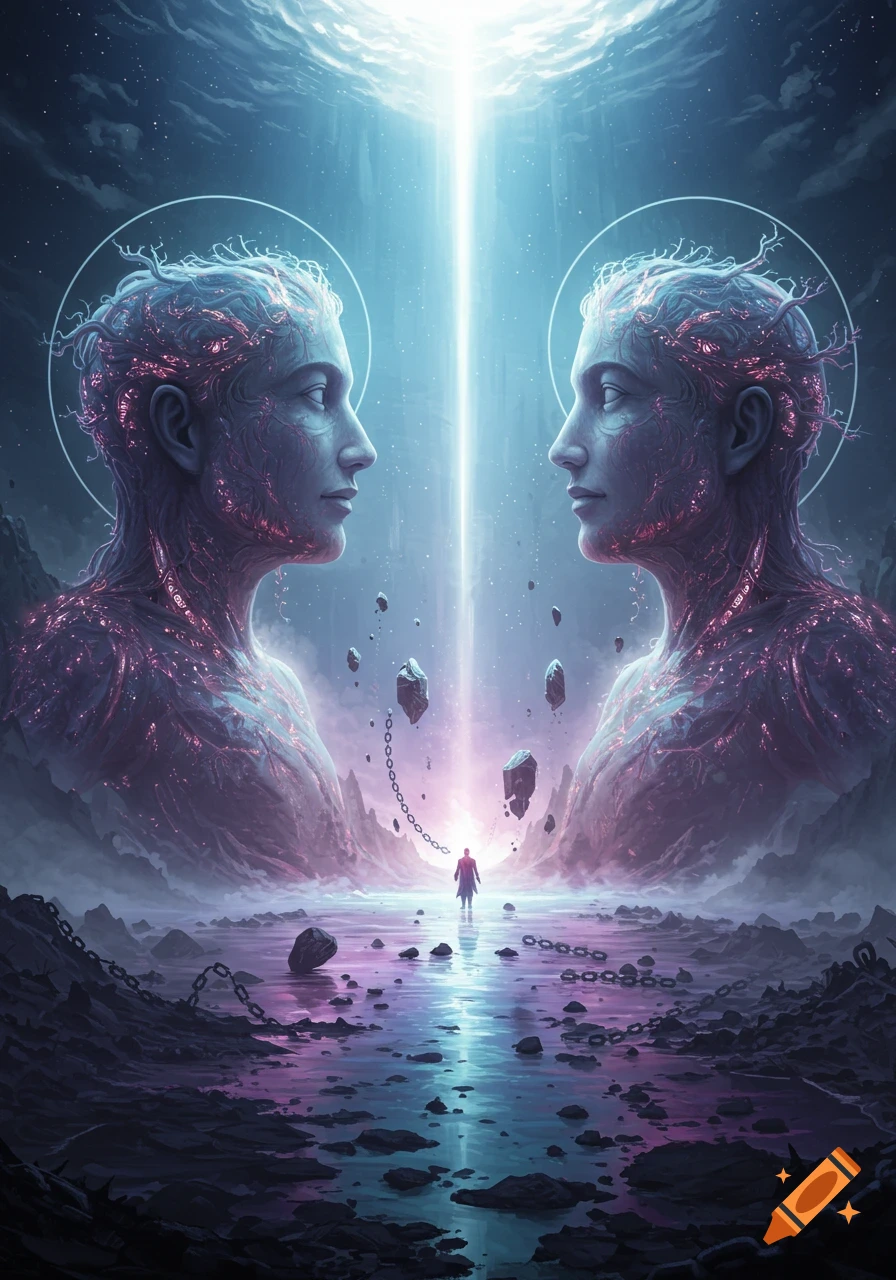 Giant, glowing human busts face each other over a small figure in a surreal landscape with a light beam, chains, and floating rocks.